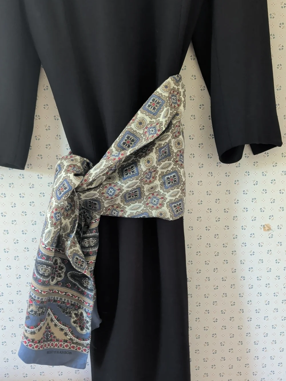 Misty Harbor Scarf Rayon Printed Geometric Border Blue Classic Timeless Vintage